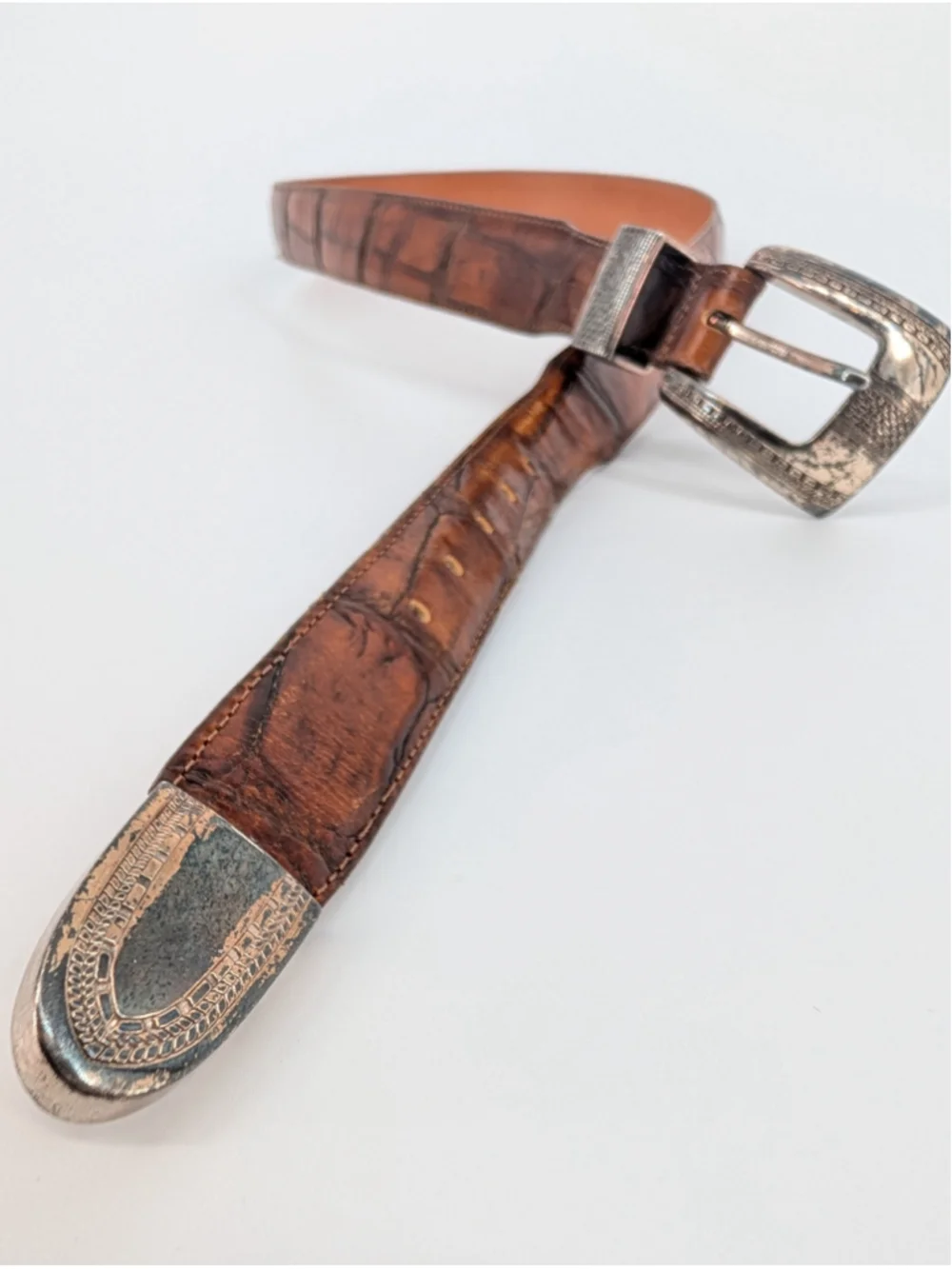 Vintage 1993 Onyx Brighton Brown Croc Embossed Leather Western Belt 36